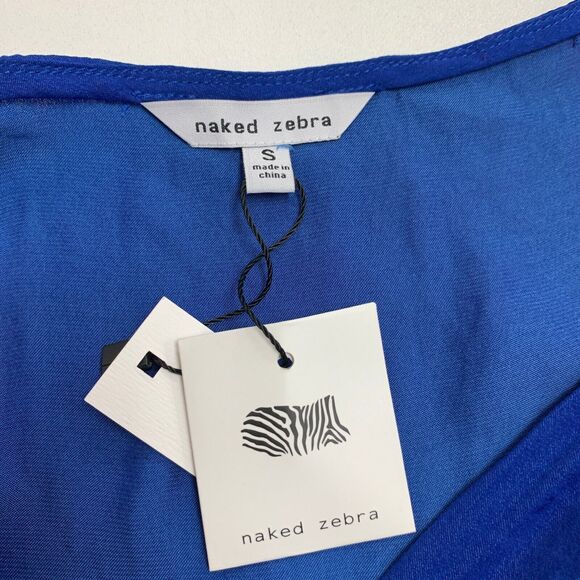Naked Zebra Puff Sleeve Wrap Blouse Womens S Small Blue Flounce Hem Button Close - Picture 9 of 12